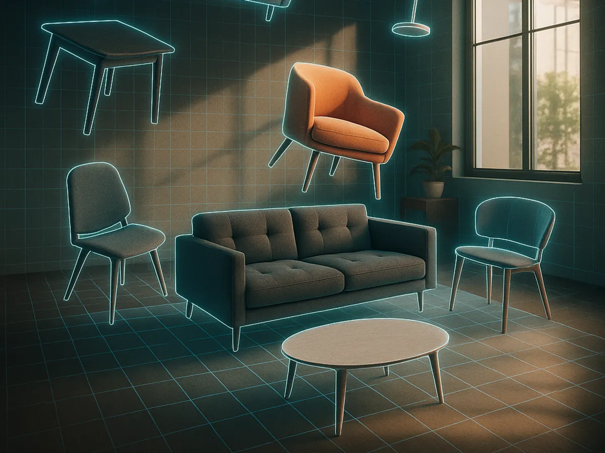 Edytor 3DSpace AI: zdjęcie wnętrza odtworzone jako scena 3D, do której wstawiane są meble