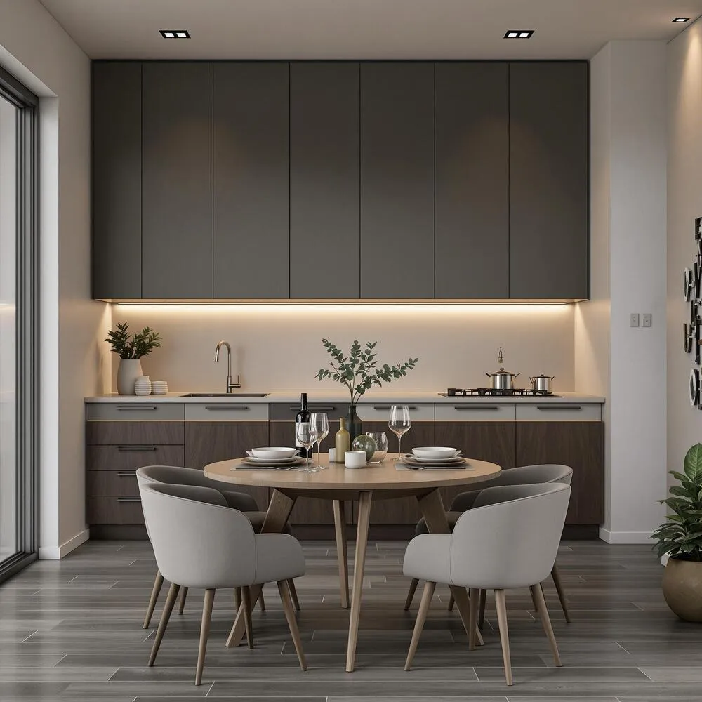 Kuchyně a jídelní kout po virtuálním home stagingu s AI, zařízené kulatým jídelním stolem, židlemi a rostlinami