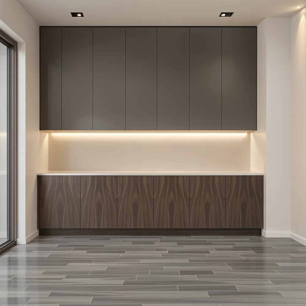 Tatáž kuchyně s jídelním koutem, prázdná, před virtuálním home stagingem