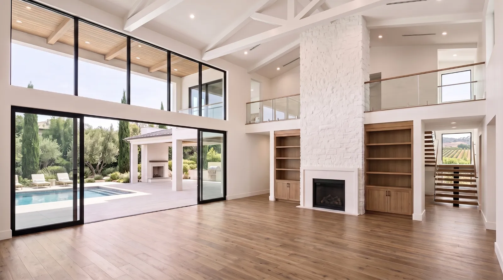 Tentýž obývací pokoj přes dvě patra, prázdný, před virtuálním home stagingem, s kamenným krbem, vestavěnými dubovými skříněmi a prosklením od podlahy ke stropu směrem k bazénu